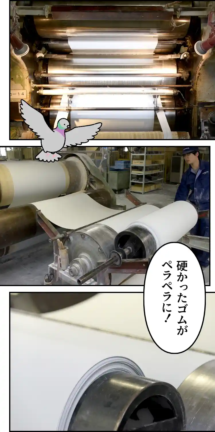 よく練られ、白く色付けされたゴムがローラーの間を通って薄く伸ばされていくのを見守る鳩。吹き出し「硬かったゴムがペラペラに!」